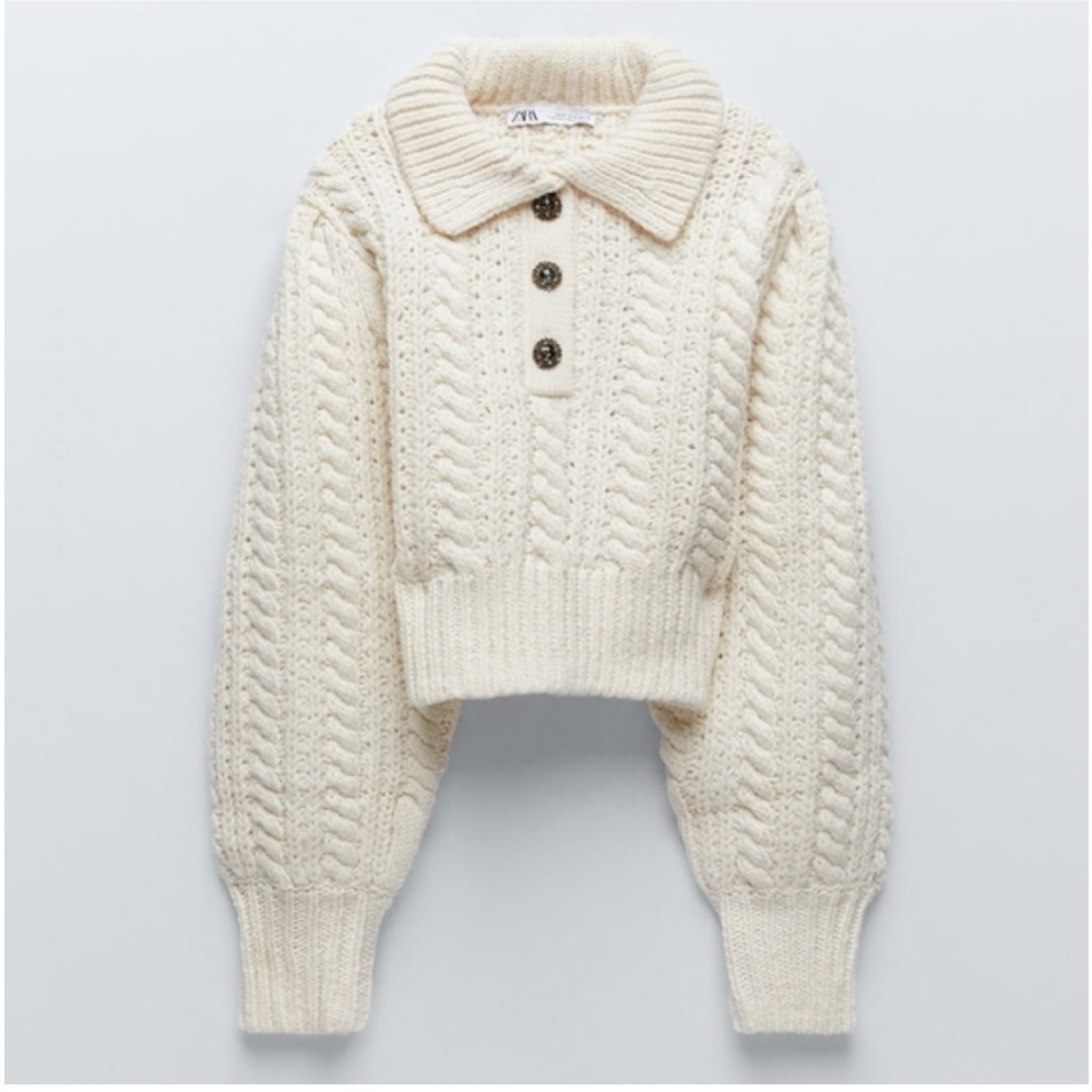 ZARA CHUNK KNITTED CREAM CROP SWEATER S